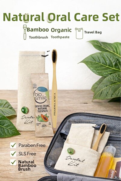 Pharma Acqua طقم أسنان - بامبو فرشاة أسنان + معجون أسنان مبيض عضوي معتمد 10 جرام