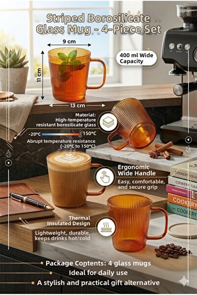 The Mia Striped Borosilicate Glass Mug 400 ml 13 X 9 X 11 cm Set of 4