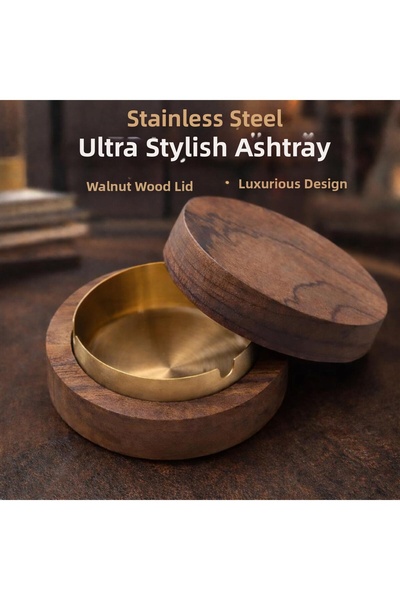 coofbe Τασάκι από ανοξείδωτο ατσάλι - Επιτραπέζιο με ξύλινο καπάκι, αντιοσμικό