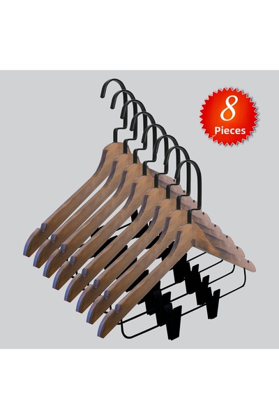 NYN Wooden (Black Hook Lama) Hangers for Blouses, Skirts, and Pants, 8 Pieces