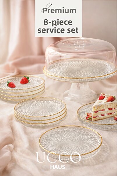 UCCO طقم تقديم زجاجي ذهبي من عدن مكون من 8 قطع (6 أطباق كيك + 1 طبق تقديم بقا...