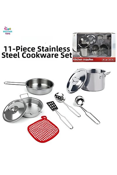 Brother Toys Metal Stainless Steel 11 Piece Toy Embossed Cookware Pan Set Kit...