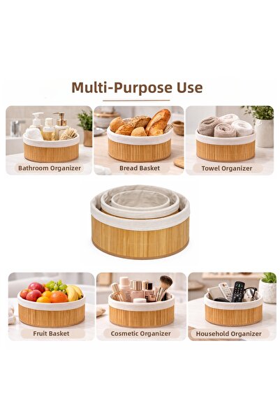 sengenegel سلة مستديرة من الخيزران مكونة من 3 قطع - صندوق تخزين متعدد الأغراض...