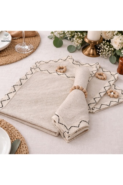 DNC home tekstil Natural Linen Cream Navy Blue Striped Napkin Set [6-Piece wi...