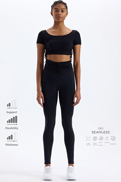 COMEUP Leggings subțiri cu detaliu de șnur pentru centură, negri