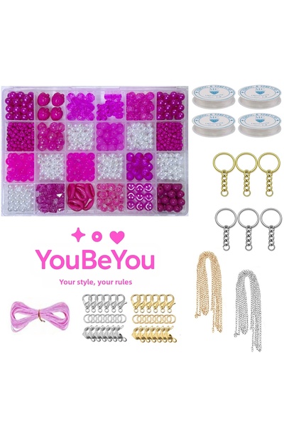By MO Accessories Set complet de bijuterii cu mărgele fucsia, set de breloc c...