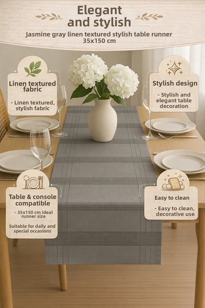 TECHTACT Jasmin Linen Gray Bohemian Stylish Tablecloth Runner 35X150 cm