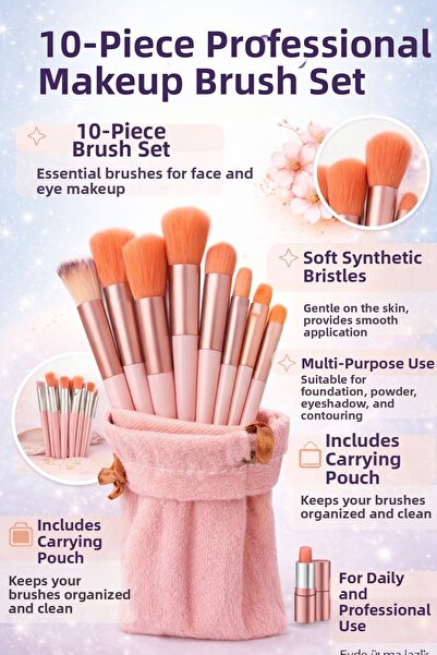 Pastelya Bagged Pink Makeup Brush Set - 10-Piece Brush Set