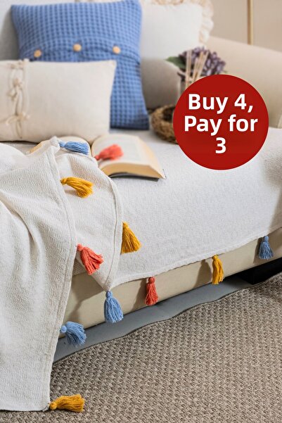 Lux Touch غطاء أريكة ماغنوليا بلون إكرو مع شراشيب، مقاس 170 × 205 سم - فاخر، ...