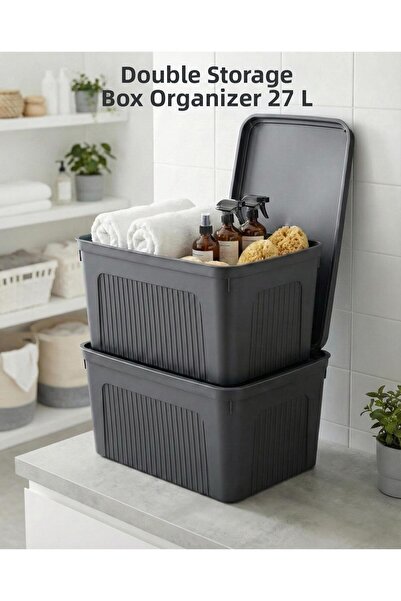 EWs Smoked 2-Piece 27 Lt Unit Storage Box & Multi-Purpose Bathroom and Home O...