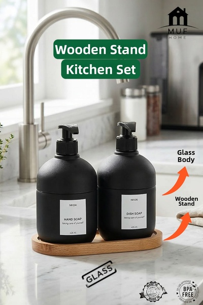 MUF HOME Set QLUX IDEAS cu 2 dozatoare de săpun lichid din sticlă neagră cu s...