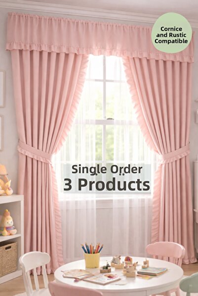 perde plus Set de perdele cu volane – Set de 3, Fundal rustic și pentru camer...