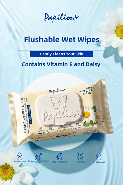 Papilion مناديل مبللة للمرحاض قابلة للرمي، 44 قطعة، غنية بفيتامين E وزهرة الب...