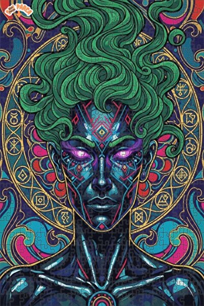 Esranın Dünyası Mysterious Green-Haired Woman Portrait Abstract Art Double-La...