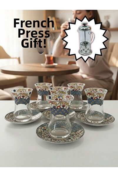 AiroBazar طقم شاي توبكابي لـ 6 أشخاص، هدية فرنش برس، 9 أطقم فناجين شاي عثماني...