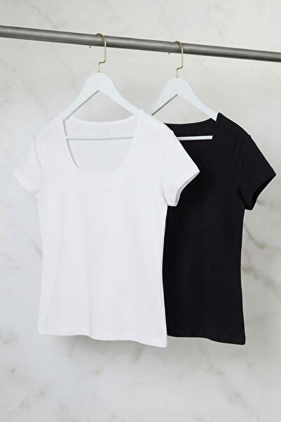 Trendyol Curve Μαύρο-Εκρού Πακέτο 2 τεμαχίων Μαλακή Βασική Πλεκτή Μπλούζα Μεγ...