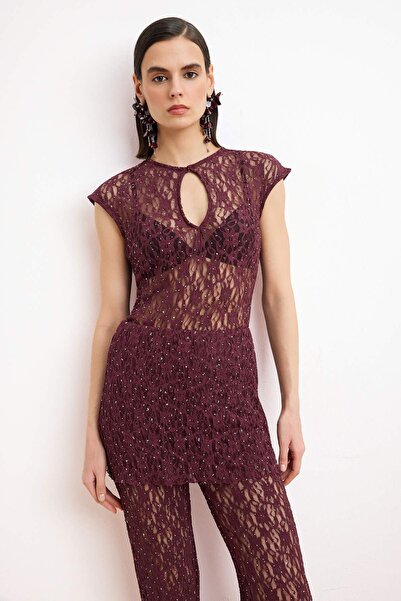 Trendyol Collection Pflaumenfarbene, bedruckte, tief ausgeschnittene Spitzen-...