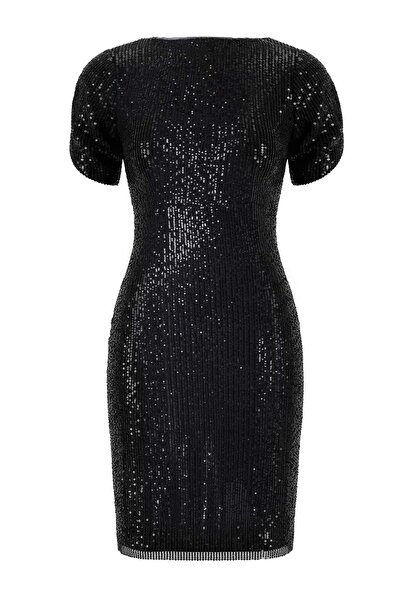 Trendyol Curve Μαύρο εφαρμοστό πλεκτό φόρεμα με παγιέτες και λάμψη, βραδινό φ...