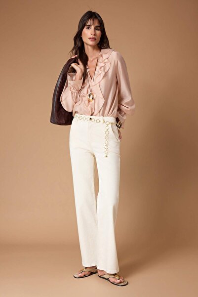 Trendyol Collection Ecru Chain Belt Detailed High Waist Less Stretchy Wide Le...