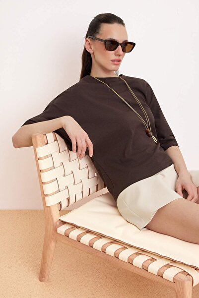 Trendyol Collection Καφέ Oversize/Φαρδιά Γραμμή Κοντομάνικο Πλεκτό Μπλουζάκι ...