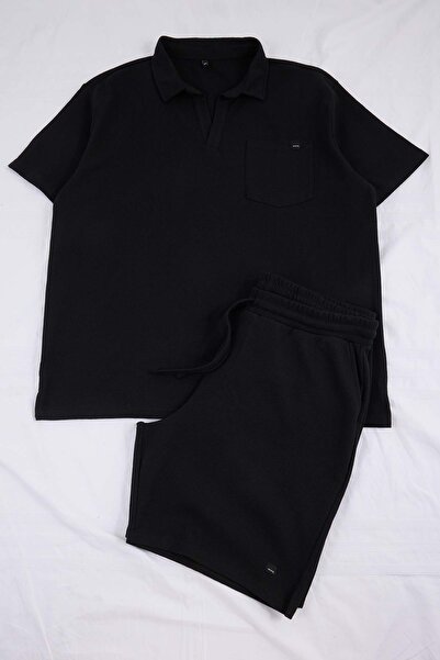 ترينديول كوليكشن طقم رياضي أسود ذو قصة عادية وياقة بولو منسوجة - تي شيرت وشور...