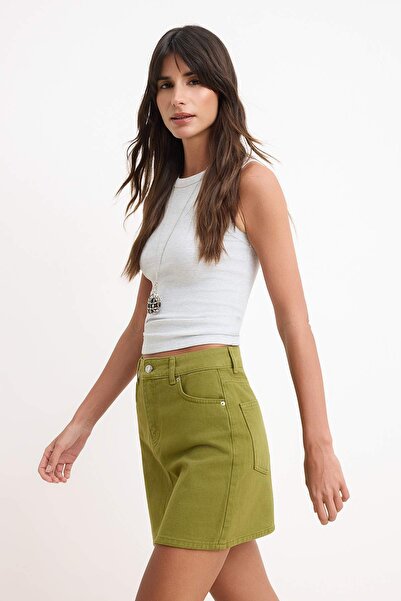 Trendyol Collection Pistachio Green Mini Denim 100% Cotton Piece Skirt Twoss2...