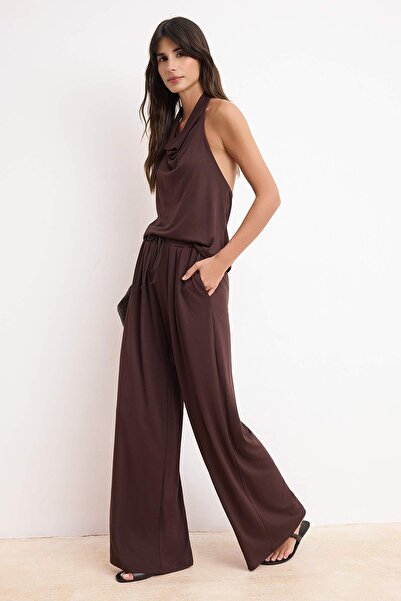 Trendyol Collection Brown Fitted/Sleeveless Pique Knitted Top and Bottom Set ...