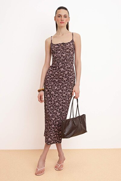 Trendyol Collection Καφέ Floral Α-γραμμή / Φόρεμα σε σχήμα καμπάνας με κλειδα...