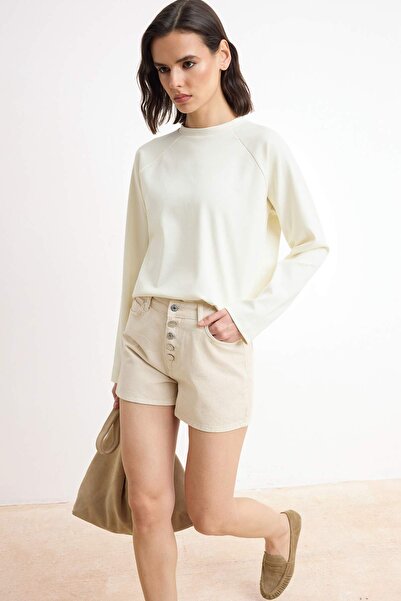 Trendyol Collection Bej cu nasturi în față talie înaltă Mini denim Pantaloni ...