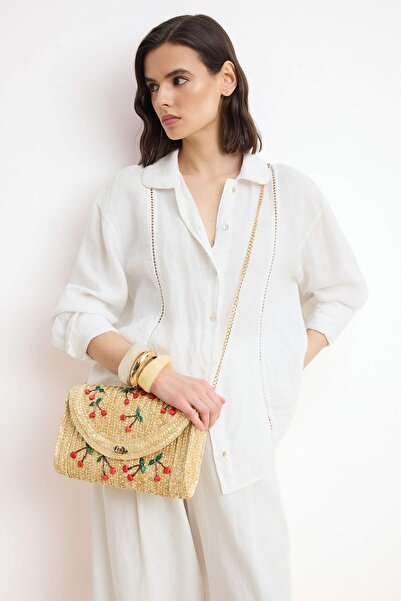 TRENDYOL SHOES Μπεζ κεντημένη με κεράσια ψάθινη γυναικεία τσάντα πορτφόλιο & ...