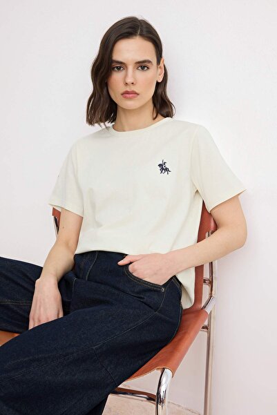 Trendyol Collection Ecru Oversized /Wide Fit Embroidered Short Sleeve 100% Co...