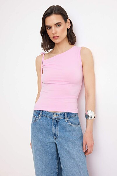 Trendyol Collection Pink Fitted/Asymmetrical Neckline Sleeveless Tie Detail S...
