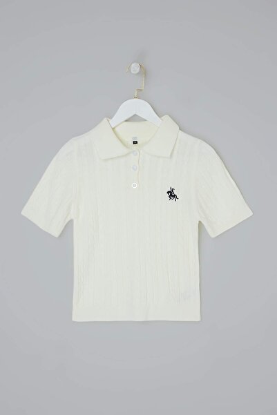 Trendyol Collection Bluză tricotată cu guler polo și broderie ecru cu cal TWO...