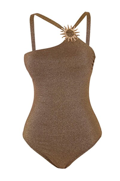 Trendyol Collection Costum de baie maro cu sclipici, cu un singur umăr, cu ac...