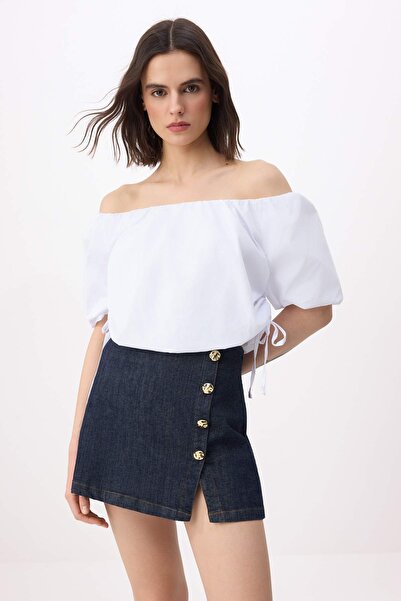 Trendyol Collection White Binding Detailed Carmen Neckline Woven Balloon Blou...