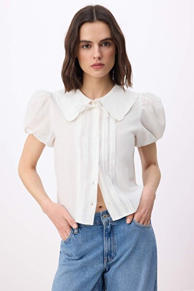 Trendyol Collection Cămașă albă din bumbac cu mâneci tip balon TWOSS26GO00126