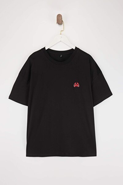 Trendyol Curve Μαύρο 100% Βαμβάκι Με κέντημα oversized /Μπλουζάκι με φαρδιά γ...