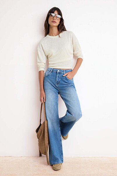 Trendyol Collection Μπλε DOLYED Ψηλόμεσο 100% Βαμβακερό Μακρύ Τζιν με Φαρδιά ...