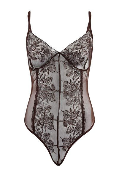 Trendyol Collection Brown Tulle/Lace Fitted Capless Fancy Bodysuit Thmss26Bd0...