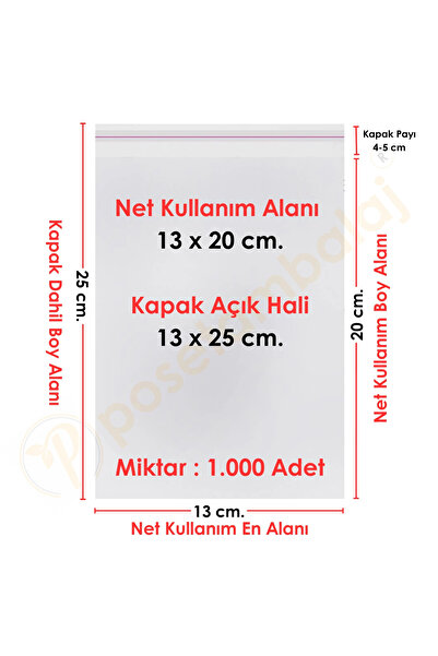 CarpCorn 13x20+5 Cm. (13*25) 1.000 Adet Şeffaf Bantlı Yapışkanlı Jelatin Poşet