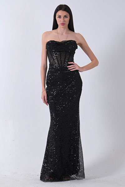 Feminist Pul Taş İşlemeli Straplez Balık Abiye Siyah 9705304