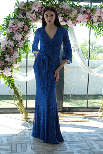 Feminist V Yaka Pul Payetli Uzun Kol Abiye Saks 1106014