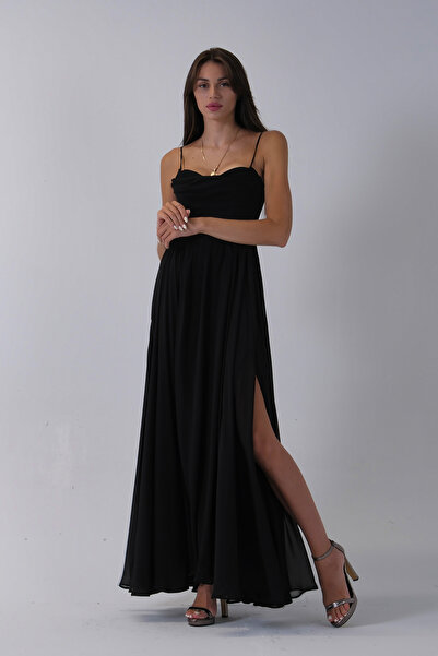 Feminist Askılı Drapeli Uzun Şifon Abiye Siyah 08020032