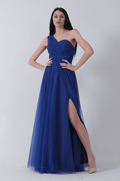 Feminist Tek Omuz Yırtmaçlı Abiye Saks 9705155