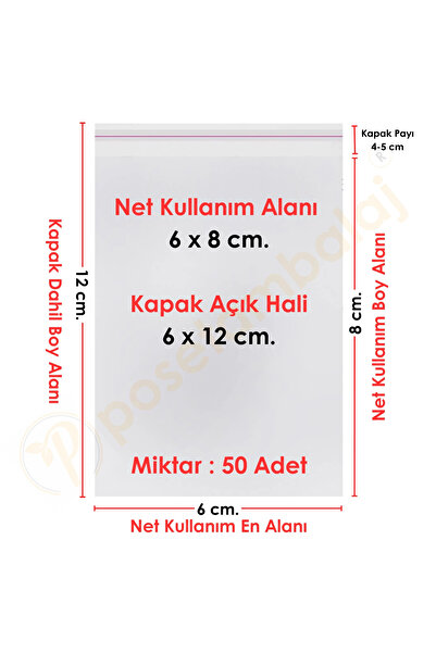 CarpCorn 6x8+4 cm.(6x12) 50 Adet Şeffaf Bantlı Yapışkanlı OPP Poşet