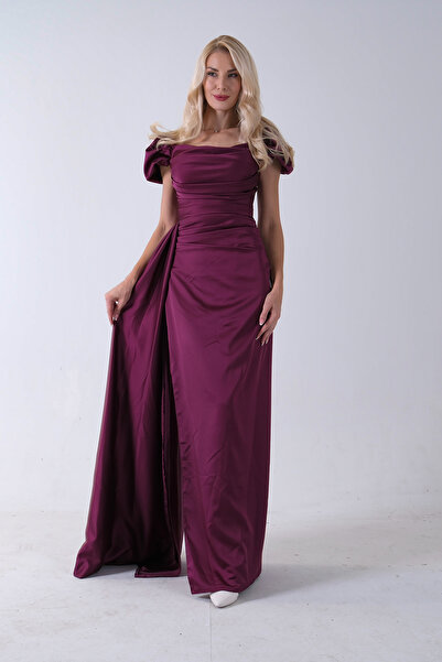 belamore Drape Detaylı Saten Kumaş Abiye Elbise Mürdüm 9704858