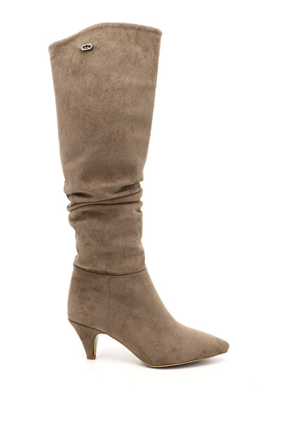 GÖNDERİ(R) Kadın Vizon Süet Sivri Burun Körüklü İnce Topuklu Çizme