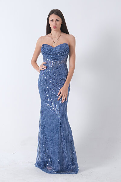 Feminist Pul Taş İşlemeli Straplez Balık Abiye İndigo 9705304