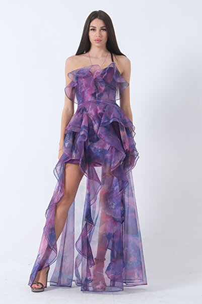 Feminist Fırfırlı Tül Şifon Abiye Elbise Mor 0802000