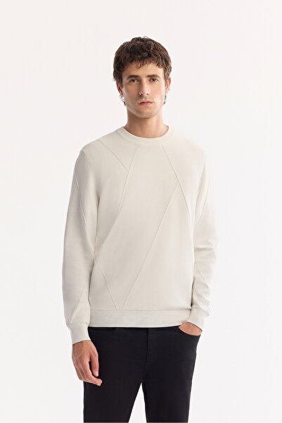 Avva Men's Ecru Crew Neck Front Roba and Sleeves Knitted Detail Rayon Sweater...